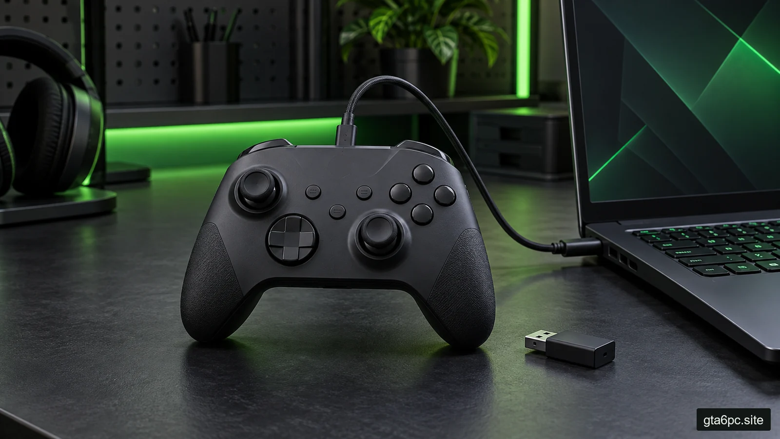 Unbranded controller connected by USB beside a laptop and wireless adapter