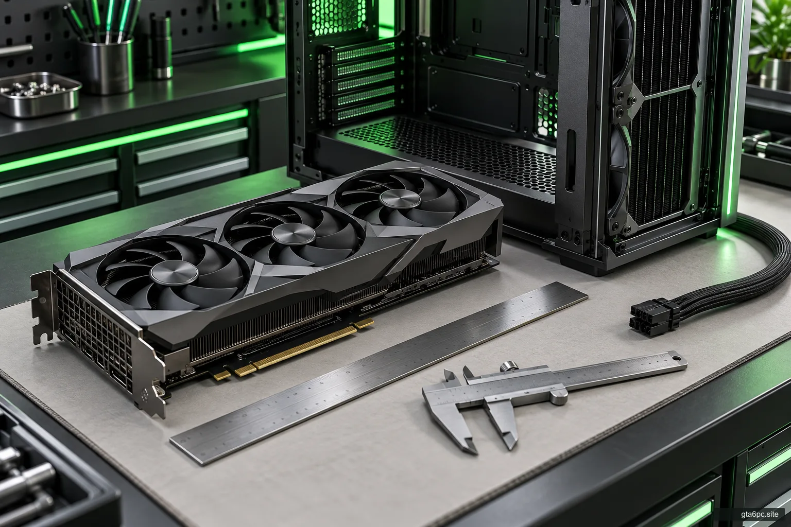 Graphics card, radiator, measuring tools and cable on a workbench