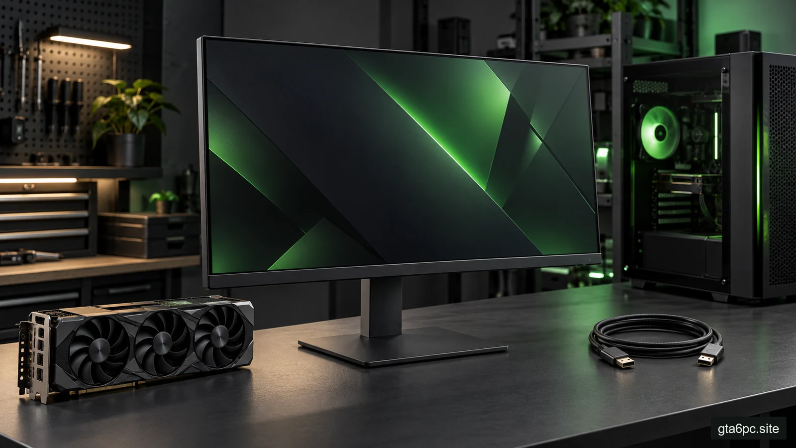 Unbranded monitor, graphics card and display cable on a graphite PC workbench