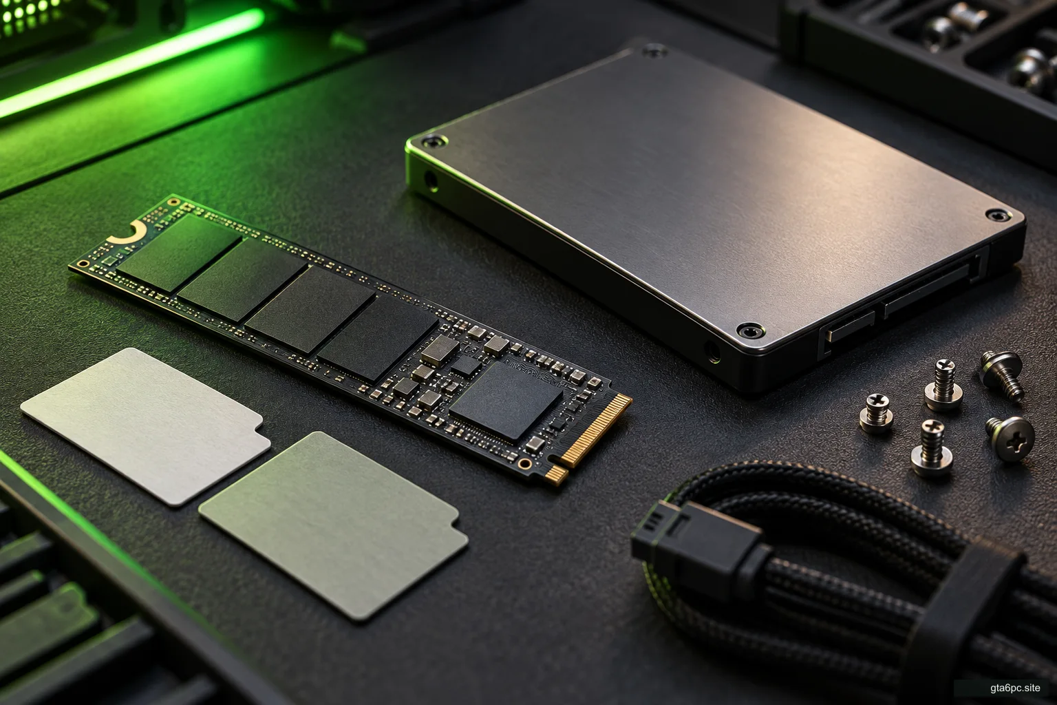 M.2 SSD and enclosed drive on a graphite work mat