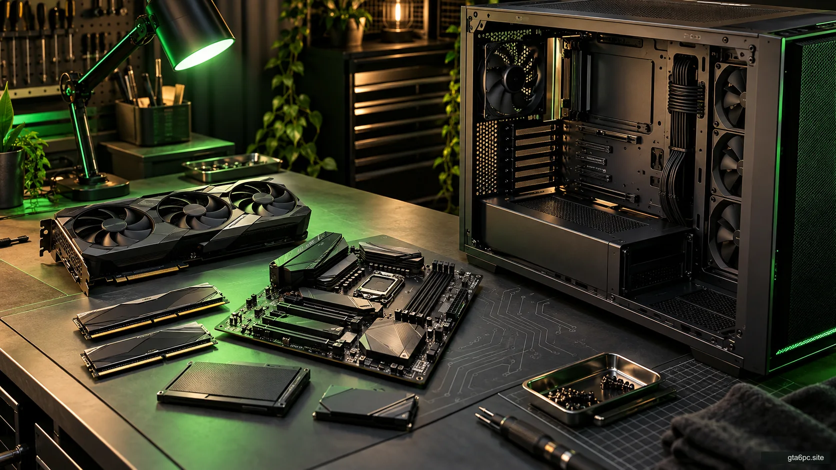Open PC tower and components arranged on a graphite workbench
